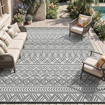 MontVoo Outdoor Rug Carpet Waterproof 5x8 Outdoor Patio Rug Mat Reverisble Plastic Straw Outdoor Rug for RV Camping Picnic Beach Balcony Boho Grey