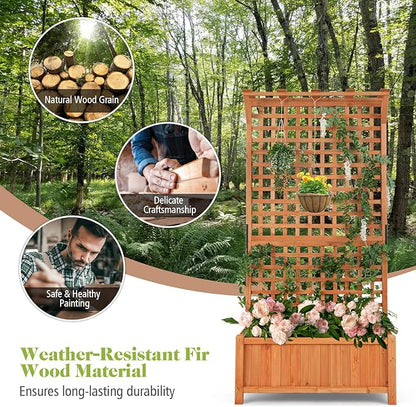 COSTWAY Raised Garden Bed with Trellis, Indoor & Outdoor Wooden Planter Box with Hanging Roof, Drainage Holes, Freestanding Vertical Planter for Vines, Climbing Plants, Flowers, Vegetables