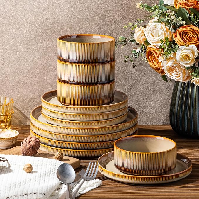 TheTerra Ceramic Dinnerware Sets for 8, 24 Pieces Porcelain Lightweight Plates and Bowls Sets, Scratch Resistant Dish Set, Oven & Microwave & Dishwasher Safe, Creamy Amber