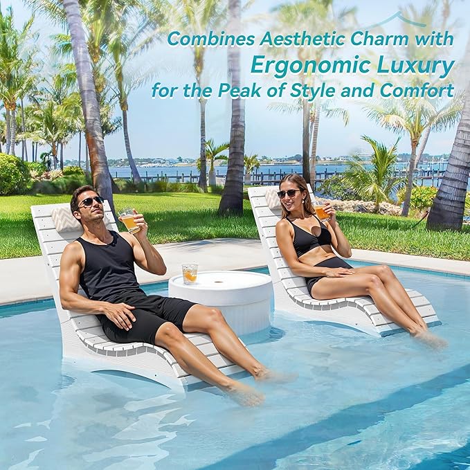 LUE BONA HDPS Pool Chairs Set of 2, Fade-Resistant Use in Pools Up to 10-Inches Deep Pools Lounge Chair for Sun Shelf, Chaise Lounger with Headrest for Outside Pool Deck