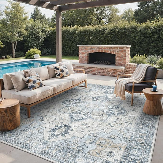 GENIMO Outdoor & Indoor Area Rug 9'x12', Waterproof, Non-Shedding, Easy Cleaning, Boho Mat for Patio, Living Room, Balcony, Dining Room, RV, Deck, Bedroom, Camping, Outside Carpet,Blue