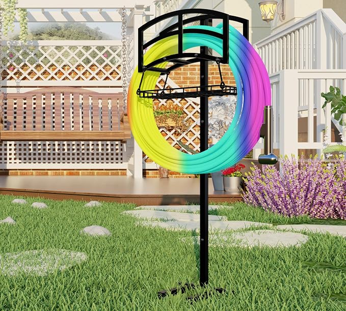Fire Beauty Garden Hose Holder with Storage Basket,Heavy-Duty,80+ lb Capacity,Rust-Proof Stainless Steel,Organizes 150ft Hose for Patio,Yard, or Garage