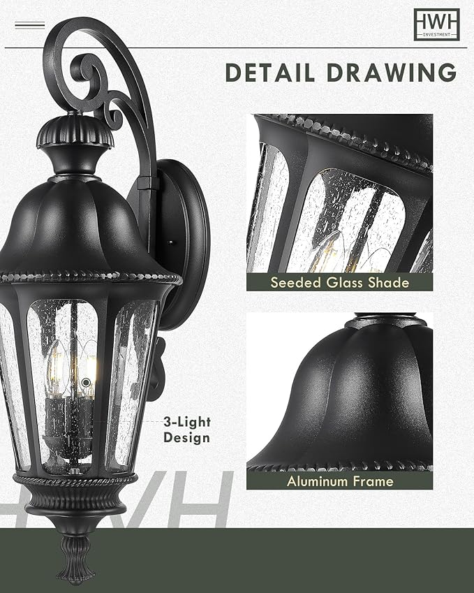 Outdoor Light Fixtures, HWH Exterior Wall Sconce Lantern with Seeded Glass, 29'' Large Outdoor Wall Lamp Antique Porch Light for Patio Garage Entryway, Matte Black Finish, 5HW90B-L BK