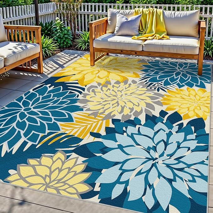 Colorful 4x6 Outdoor Area Rug Washable Rugs Multicolored Patio Rug Tropical Botanical Floral Chenille Outdoor Carpet Non Slip for RV, Pool Deck, Backyard, Porch, Ocean Dahlia