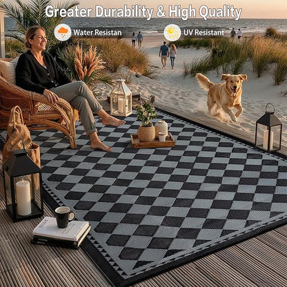 HUGEAR Outdoor Waterproof Rug 6'x9' Plastic Straw Rugs Washable Reversible Floor Mat Black/Grey Plaid Carpet for Camping RV Deck Entryance Porch Picnic Balcony Beach Backyard