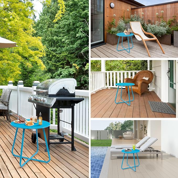 Patio Small Side Table Waterproof Round Metal Steel Weather Resistant Portable Outdoor and Indoor End Table for Garden Balcony Yard,Sky Blue(4 PCS)