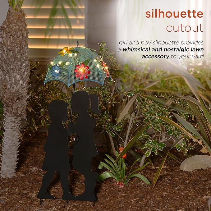 Alpine Corporation 39" Tall Outdoor Solar Powered LED Lights Girl and Boy Silhouette with Umbrella Yard Statue