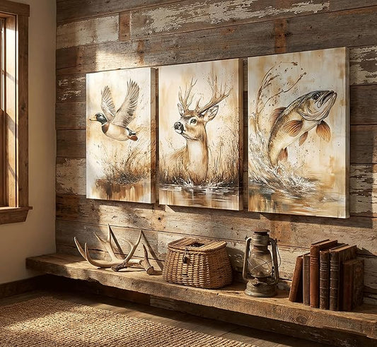 3Pcs Rustic Outdoor Wildlife Canvas Wall Art,Watercolor Deer Duck And Fish Wall Decor Pictures,Vintage Farmhouse Hunting Posters Prints,for Living Room Bathroom Kitche Home Decoration