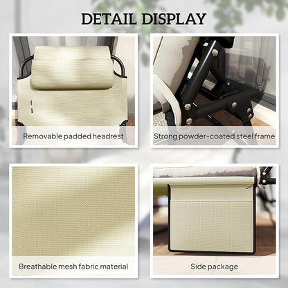 Outsunny Folding Chaise Lounge with 4-Level Reclining Back, Outdoor Tanning Chair with Cushion, Outdoor Lounge Chair with Breathable Mesh Fabric, Side Pocket, Headrest, Beige
