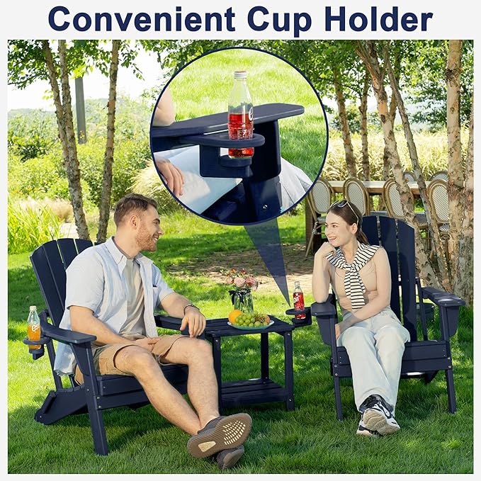 Plawdlik Folding Adirondack Chair, SGS Tested, Wooden Textured with Cup Holder, Heavy All-Weather HDPE Comfortable Set Poolside Backyard Lawn Navy Blue Set 4