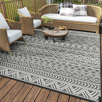 MontVoo Outdoor Rug Carpet Waterproof 9x18 Outdoor Patio Rug Mat Reverisble Plastic Straw Outdoor Rug for RV Camping Picnic Beach Balcony Boho Grey Large