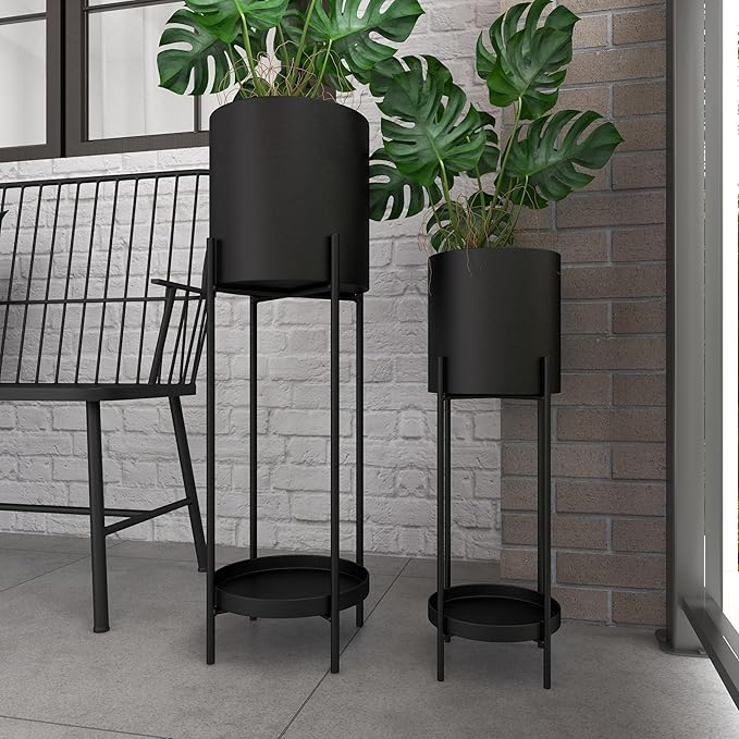 Deco 79 Metal Indoor Outdoor Planter Large Planter Pot with Lower Shelf and Removable Stand, Set of 2 Planters 24", 33"H, Black