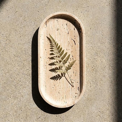 YKAJO Oval Real Marble Tray for Bathroom Kitchen Counter Stone Decorative Vanity Tray for Dresser Perfume Heavy Catchall Organizer for Soap Jewelry (Yellow Travertine, 9.8" x 4.7")