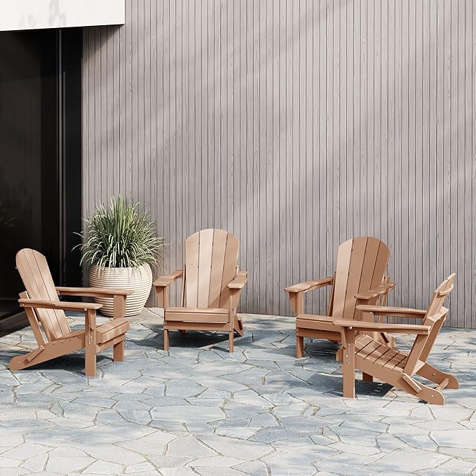 WestinTrends Malibu 4-Piece Set Outdoor Folding Poly Adirondack Chair, Teak