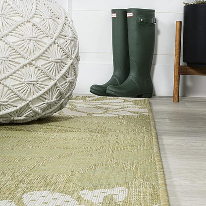 JONATHAN Y Floral Textured Weave Indoor Outdoor Runner Rug 2X8 Green/Cream, Zinnia Modern for Backyard, Patio, Porch, Easy-Cleaning, High Traffic, Pet-Friendly, Non-Shedding (SMB110H-28)