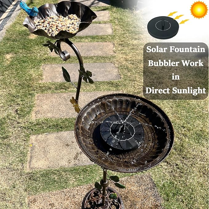 Bird Baths for Outdoors with Solar Fountain, 44" Tall Cast Iron Pedestal Bird Bath and Feeder, Vintage Sturdy Heavy Duty Birdbath Bowl, Decorative Birdbaths for Outside Garden Yard Porch
