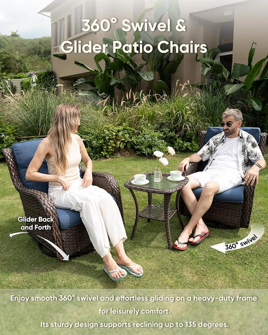 HUMMUH 4 Piece Outdoor Patio Furniture Set Wicker Conversation Bistro Set Swivel Rocker Chairs with 2pcs Ottomans for Backyard, Porch, Balcony