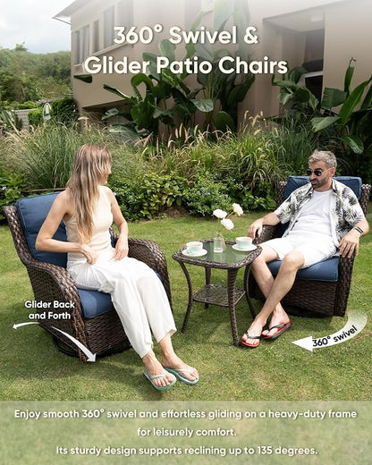 HUMMUH 5 Piece Outdoor Patio Furniture Set Wicker Conversation Bistro Set Swivel Rocking Chairs with Side Table and Ottomans for Backyard, Porch, Balcony