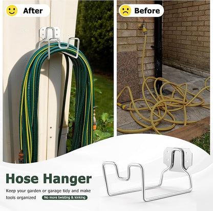18/0 Stainless Steel Garden Hose Holder Hook, HaSteeL Metal Wall Mount Hanger For Outside Yard Water Vacuum Expandable Hose Extension Cords Storage, Rust Resistant, Hose Nozzle Groove (1 Pack)