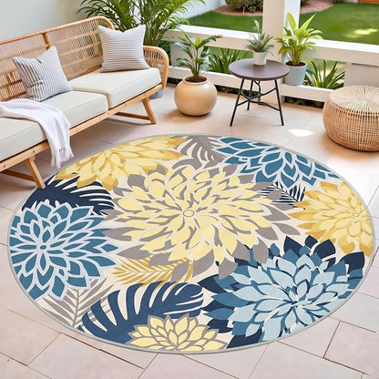 Colorful 6FT Outdoor Round Area Rug Washable Rugs Multicolored Patio Rug Tropical Botanical Floral Chenille Waterproof Outdoor Carpet for RV, Pool Deck, Backyard, Porch, Ocean Dahlia