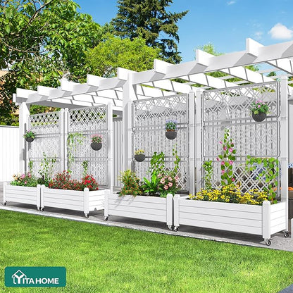 YITAHOME 43.3x17.7x61 in Planter Boxes Outdoor with Trellis, Resin Raised Garden Bed with Wheels & Drain Plug for Climbing Plants, Weather-Resistant Design Elevated Garden Bed with Trellis, White