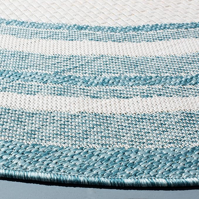 SAFAVIEH Washable Rug Outdoor Courtyard Collection - 6'7" Round, Ivory & Aqua Blue, Non-Shedding & Easy Cleaning, Ideal for Patio, Backyard, Mudroom (CY8475-53612)