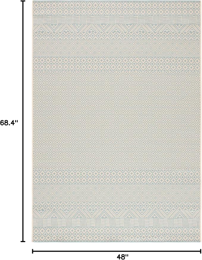 SAFAVIEH Washable Rug Outdoor Courtyard Collection - 4' x 5'7", Beige & Aqua Blue, Non-Shedding & Easy Cleaning, Ideal for Patio, Backyard, Mudroom (CY6235-21312)