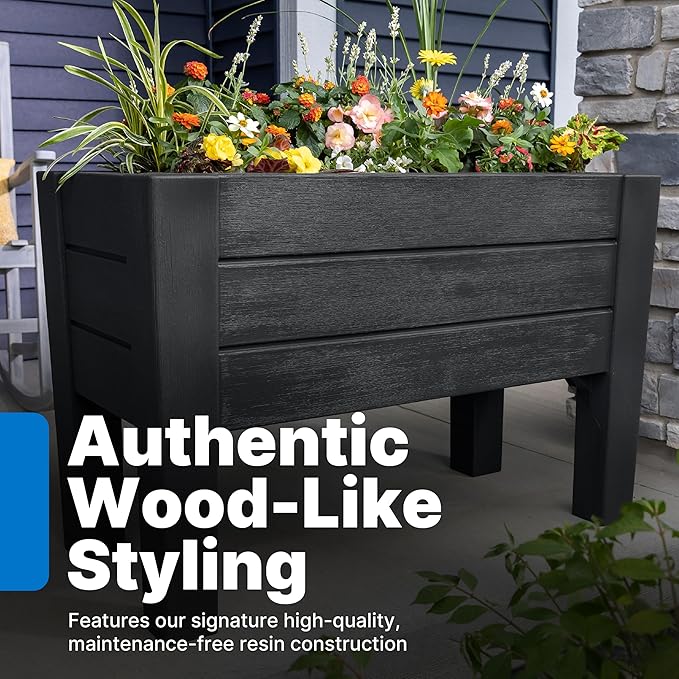 Step2 Lakewood Raised Planter Box™, Large Planter for Outdoor Plants, Gardening and Flower Pot for Patio or Porch, Easy Drainage, Durable Plastic, Black