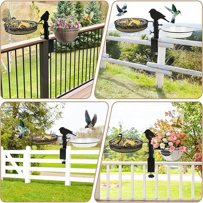 Bird Feeder 3 Inch Clamp for Deck Railings - Heavy Duty Adjustable Clamp with Metal Tray & 2 Detachable Bowls, All-in-One Backyard Gift to Attract Cardinals, Finches to Balcony, Porch, Patio