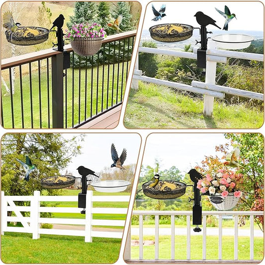 Bird Feeder 3 Inch Clamp for Deck Railings - Heavy Duty Adjustable Clamp with Metal Tray & 2 Detachable Bowls, All-in-One Backyard Gift to Attract Cardinals, Finches to Balcony, Porch, Patio