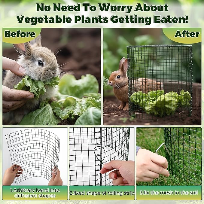 Hiboom 6 Set Garden Plant Protectors from Animals with Stakes, Metal Mesh and Detachable Covers Wire Plant Cage for Keeping Bunny Animals Out, Chicken Wire Cover Garden Protection (12x13)
