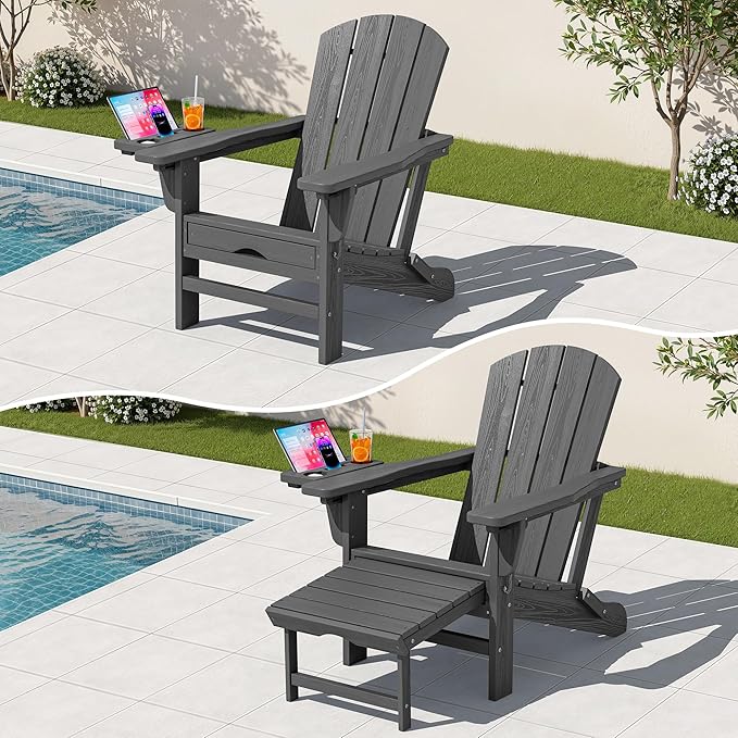 KINGYES Adjustable Folding Adirondack Chair with Footrest & 4-in-1 Multi-Functional Armrest Organizer, HDPE Foldable Reclining Adirondack Chair with Pull-Out Ottoman, Gray