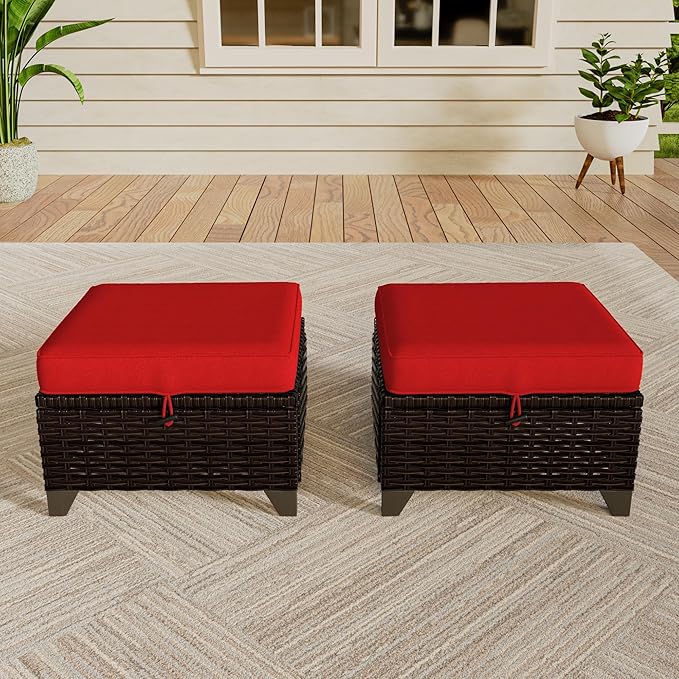 VistaVibe 2 Pieces Patio Wicker Ottomans, Luxurious Footstools, Outdoor Small Footrest, Wicker Furniture with Removable Cushions,All-Weather PE Rattan, Garden, Backyard, Porch(Brown/Red)