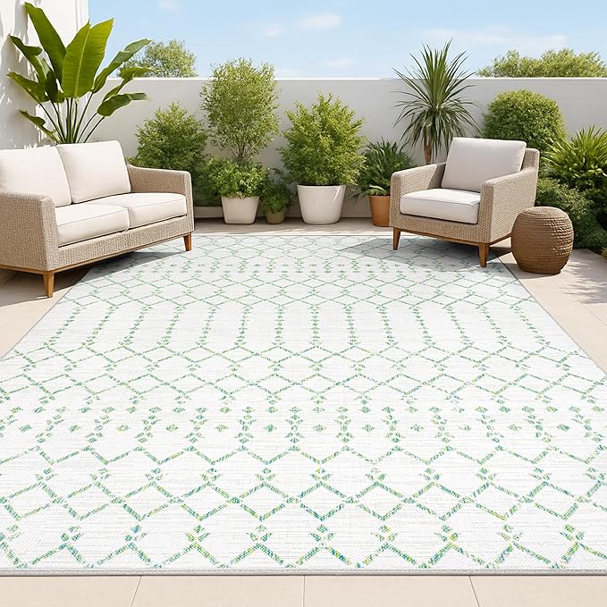 JONATHAN Y Moroccan Geometric Indoor Outdoor Area Rug 9X12 Green/Ivory, Ourika Textured Weave for Backyard, Patio, Porch, Easy-Cleaning, High Traffic, Pet-Friendly, Non-Shedding (SMB108R-9)