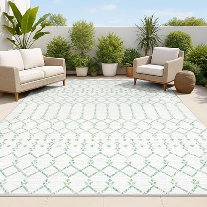 JONATHAN Y Moroccan Geometric Indoor Outdoor Area Rug 9X12 Green/Ivory, Ourika Textured Weave for Backyard, Patio, Porch, Easy-Cleaning, High Traffic, Pet-Friendly, Non-Shedding (SMB108R-9)
