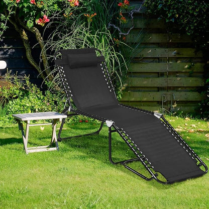GYMAX Tanning Chair, Extra High Lounge Chair with Removable Pillow, Detachable Side Pocket & Adjustable Backrest, Folding Chaise Lounger for Sunbath, Layout Beach Chair for Indoor/Outdoor (2, Black)