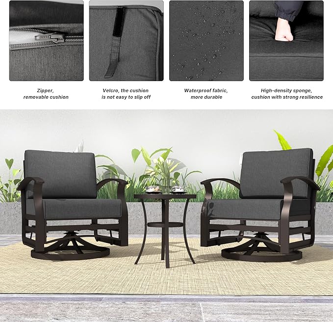 Kurapika 3 Pieces Patio Furniture Set, Outdoor Aluminum Swivel Gliders Rocker, Patio Bistro Set Rocking Chair with Thickened Cushions and Tempered Glass Side Table for Porch Garden Deck (Black)
