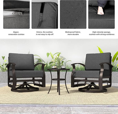 Kurapika 3 Pieces Patio Furniture Set, Outdoor Aluminum Swivel Gliders Rocker, Patio Bistro Set Rocking Chair with Thickened Cushions and Tempered Glass Side Table for Porch Garden Deck (Black)