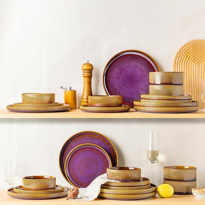 TheTerra Ceramic Dinnerware Sets for 4, 16 Pieces Porcelain Lightweight Plates and Bowls Sets, Scratch Resistant Dish Set, Oven & Microwave & Dishwasher Safe, Amber Amethyst