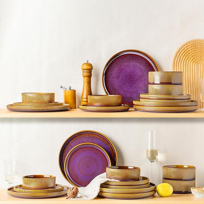 TheTerra Ceramic Dinnerware Sets for 4, 16 Pieces Porcelain Lightweight Plates and Bowls Sets, Scratch Resistant Dish Set, Oven & Microwave & Dishwasher Safe, Amber Amethyst