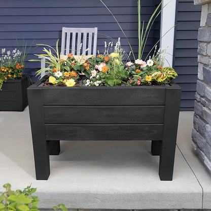 Step2 Lakewood Raised Planter Box™, Large Planter for Outdoor Plants, Gardening and Flower Pot for Patio or Porch, Easy Drainage, Durable Plastic, Black
