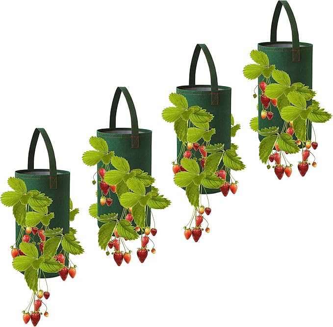 Pri Gardens Hanging Strawberry Planter for Strawberry Bare Root Plants (Roots not Included) Felt Material 4 Pack, The Original