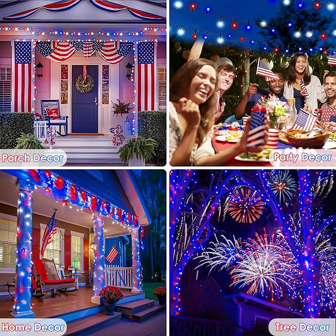 4pk Solar Christmas Lights Outdoor, Red White and Blue Solar String Lights, 400LED 132FT LED 4th of July Light Waterproof, Solar Fairy Twinkle Light for Xmas Tree Independence Day Party Decorations