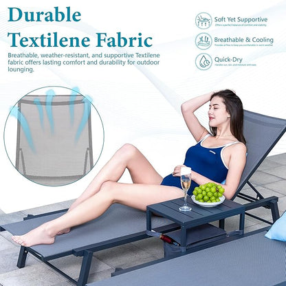 Brafab Outdoor Lounge Chair Set - 3 Pieces Aluminum Patio Chaise Chairs Set, Pool Loungers with Side Table & Insulated Cooler Bag, Adjustable Backrest Beach Chair for Poolside Garden Lawn Deck, Grey