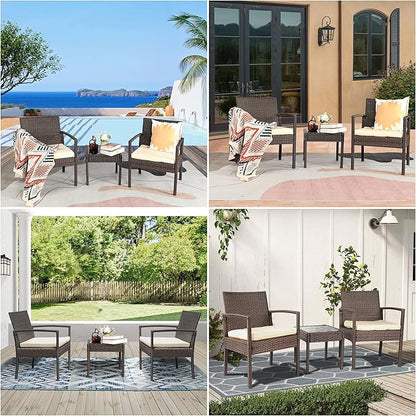 3 Piece Outdoor Patio Furniture Sets, Rattan Conversation Set with Soft Cushion, Wicker Chairs with Coffee Table for Yard Backyard Lawn Porch Poolside Balcony, Beige