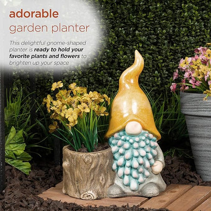 Alpine Corporation 16" Tall Outdoor Yellow Hat Gnome Statue with Drainage Hole Planter, Weatherproof Garden Decor