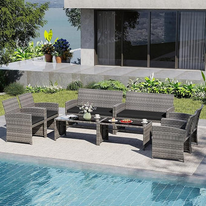 Tangkula 8 Piece Patio Wicker Furniture Set, Outdoor Heavy Duty Rattan Cushioned Chairs, Loveseat and Tempered Glass Coffee Table, for Backyard, Balcony, Poolside