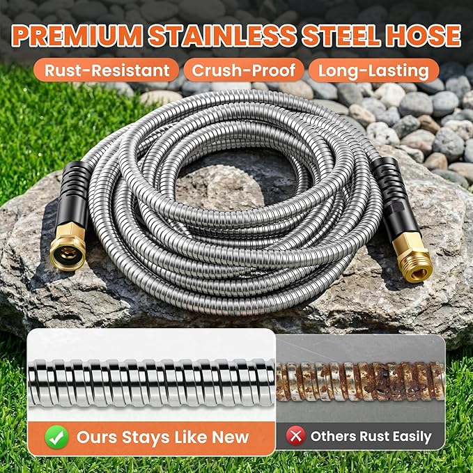 Cesun 50 ft Metal Garden Hose, Stainless Steel Heavy Duty Water Hose With 10 Function Nozzle, No Kink & Flexible, Lightweight and Durable, Rust Proof for Yard, RV, Pet Bath, Outdoor, 50 foot x 5/8"