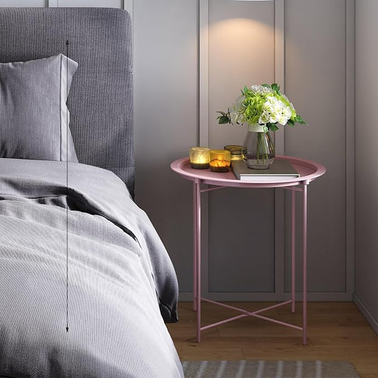 End Table Set of 2,Pink Outdoor Side Table, Small Patio Round Folding Metal Side Tables for Outdoor,Living Room,Bedroom Balcony and Office, 2 PCS