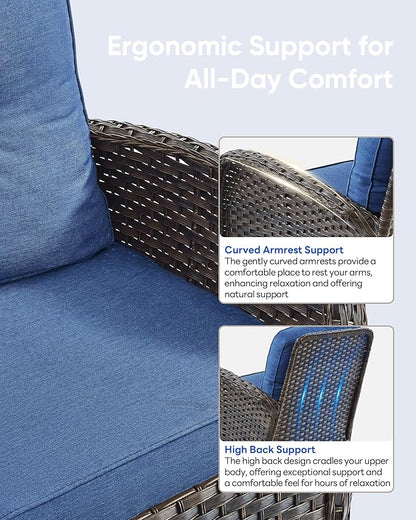 6 Pieces Furniture-Patio Swivel Rocker Chairs Set of 2 3-Seater Wicker Couch with Outdoor Ottoman Outdoor Patio Furniture Set for Deck Porch Garden Balcony Poolside-Brown/Blue